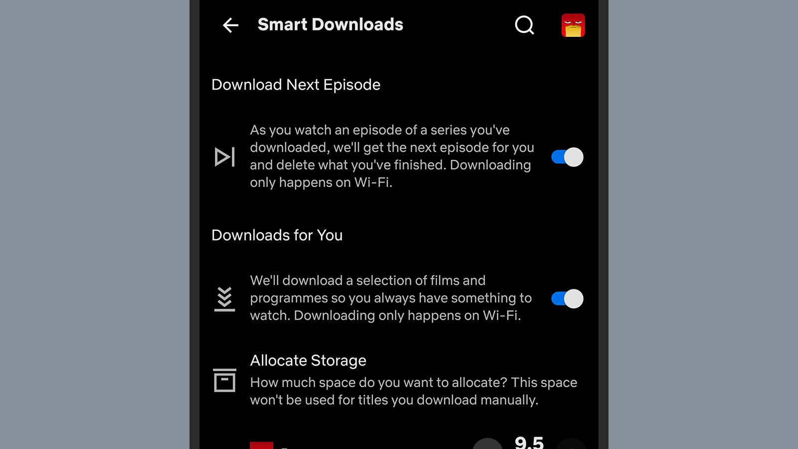 Screenshot des Smart-Download-Bereichs von Netflix